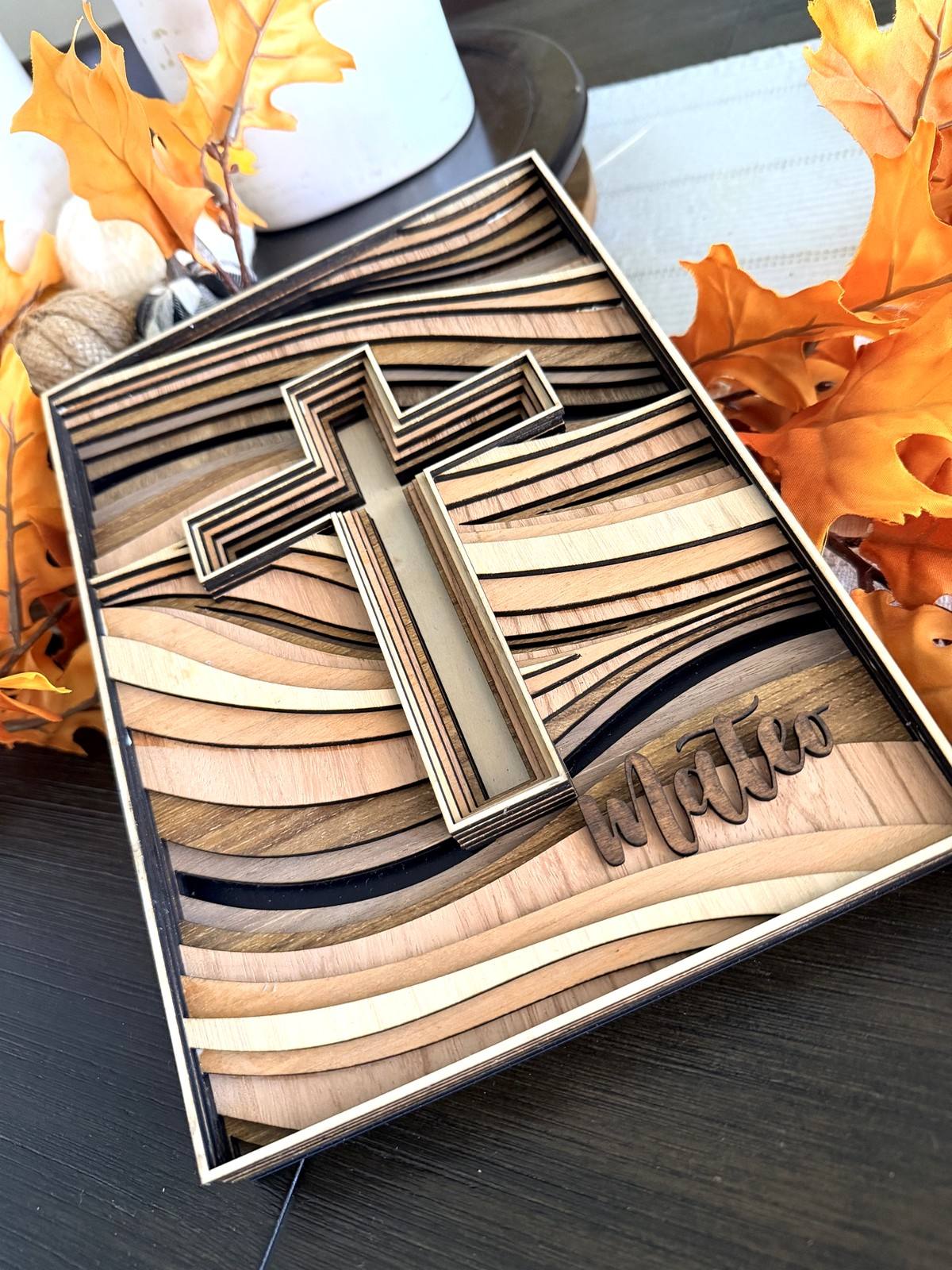 Layered wooden cross personalized with the name Mateo
