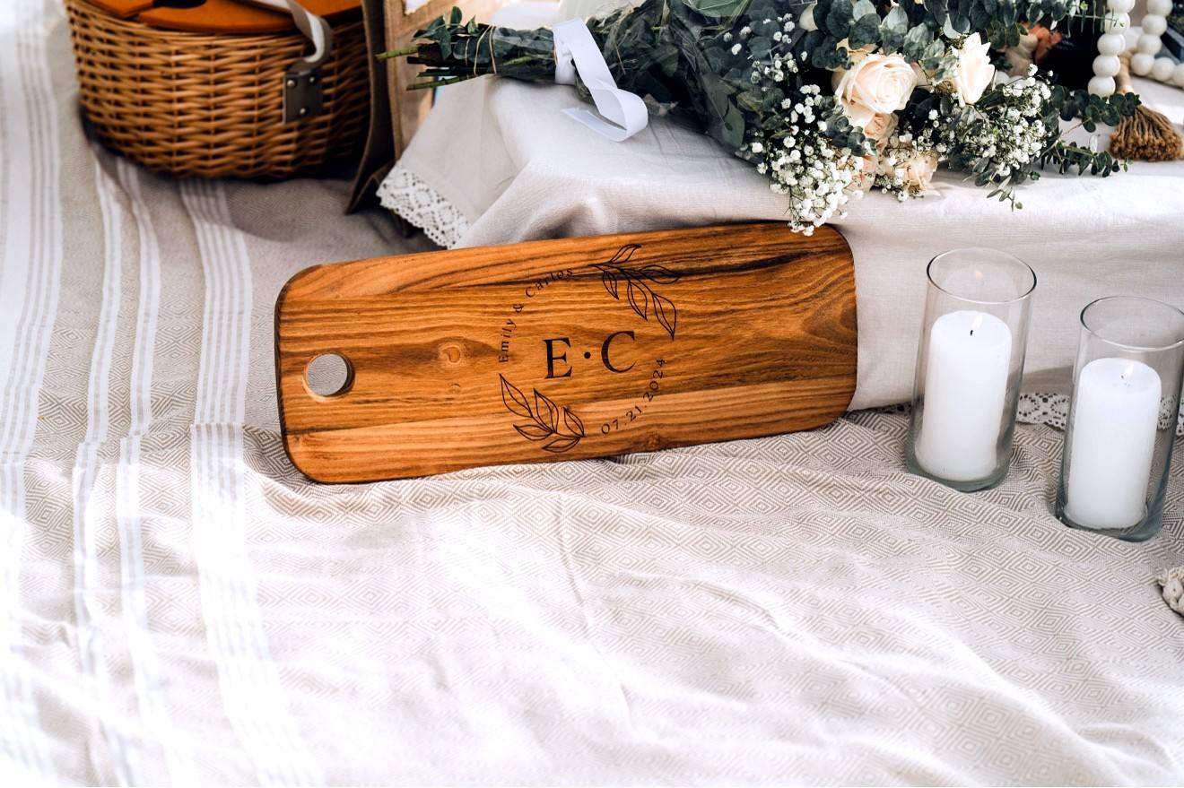 Finished wedding board with E and C initials and date