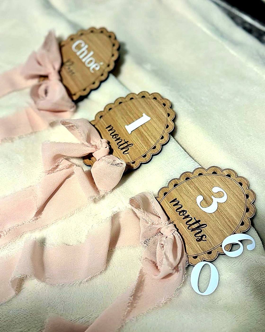 Wooden baby month tags for Chloe