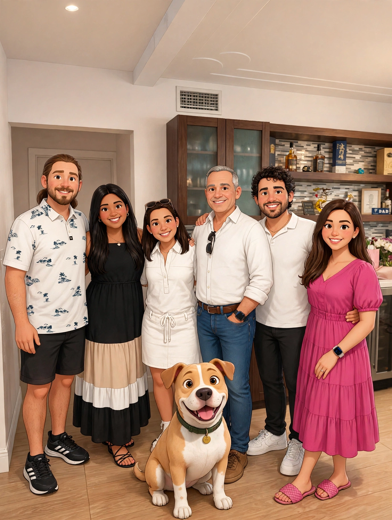 Illustration of the six members of the Etched Studio family with Rocco