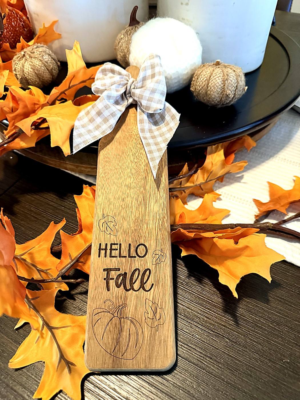 Long Hello Fall board with a pumpkin and gingham bow