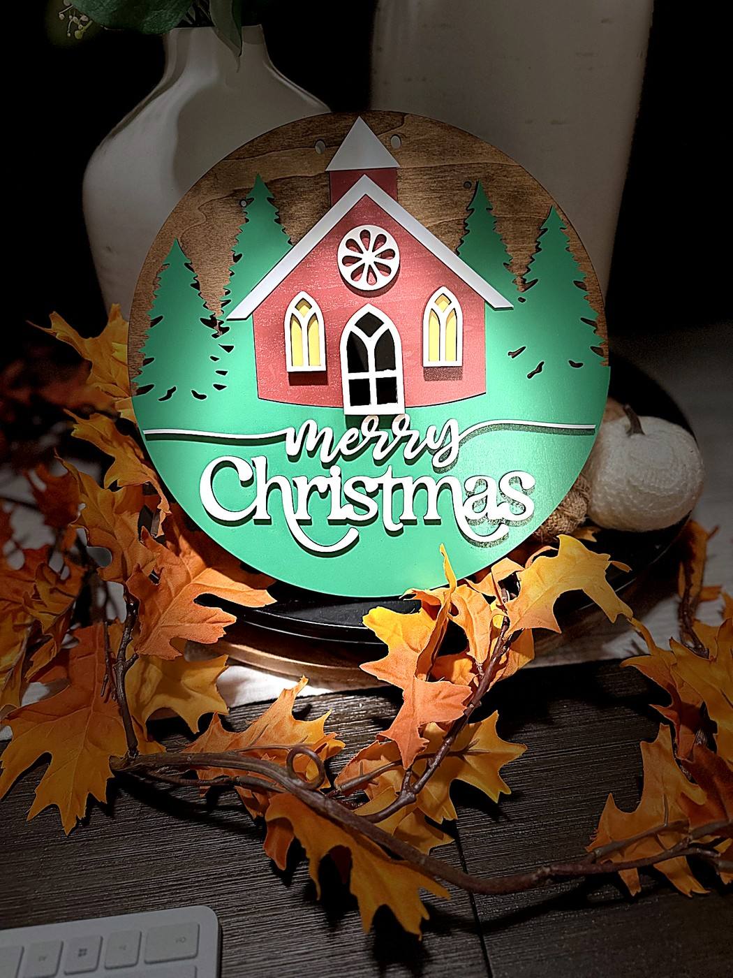 Round merry Christmas church scene sign
