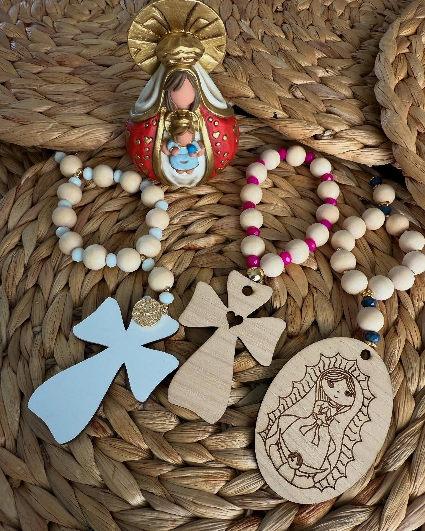Handmade rosaries with wooden pieces